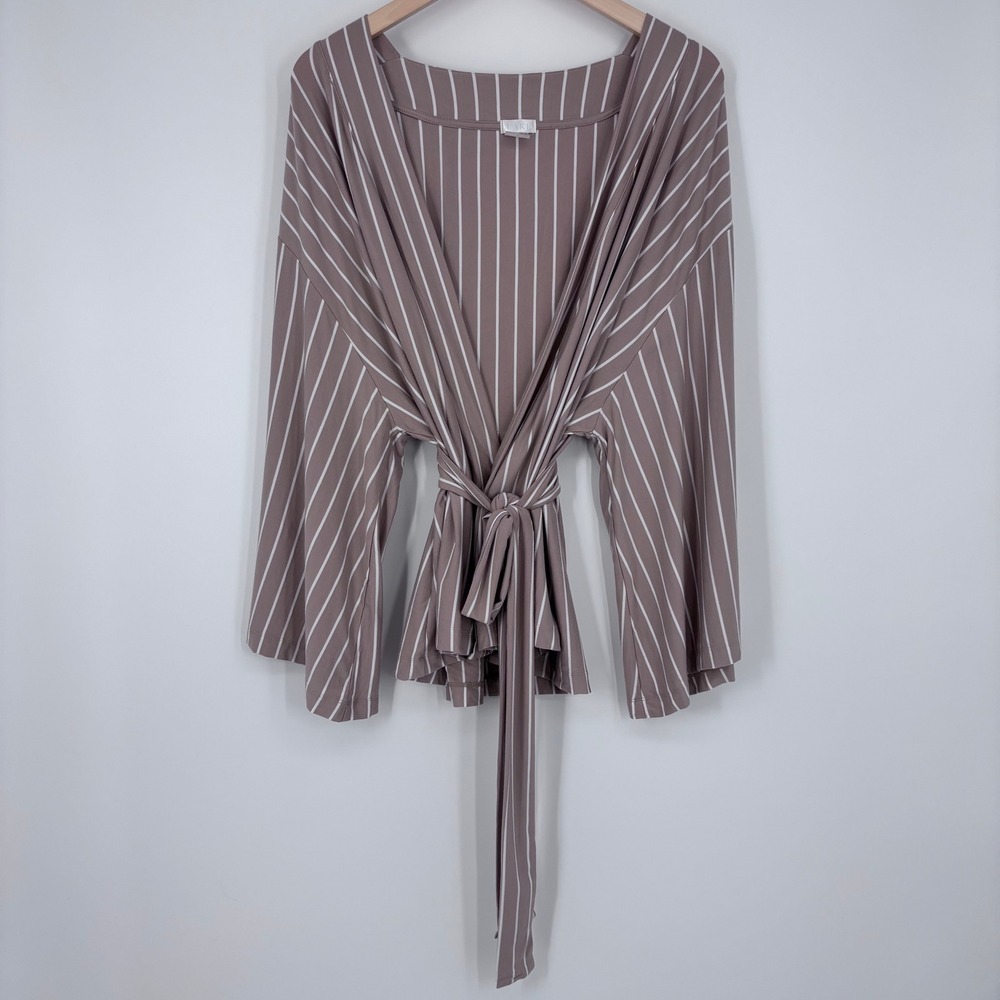 LAKE Pajamas Kimono Robe Women 2XL Brown White Striped Short Wrap Loungewear Top